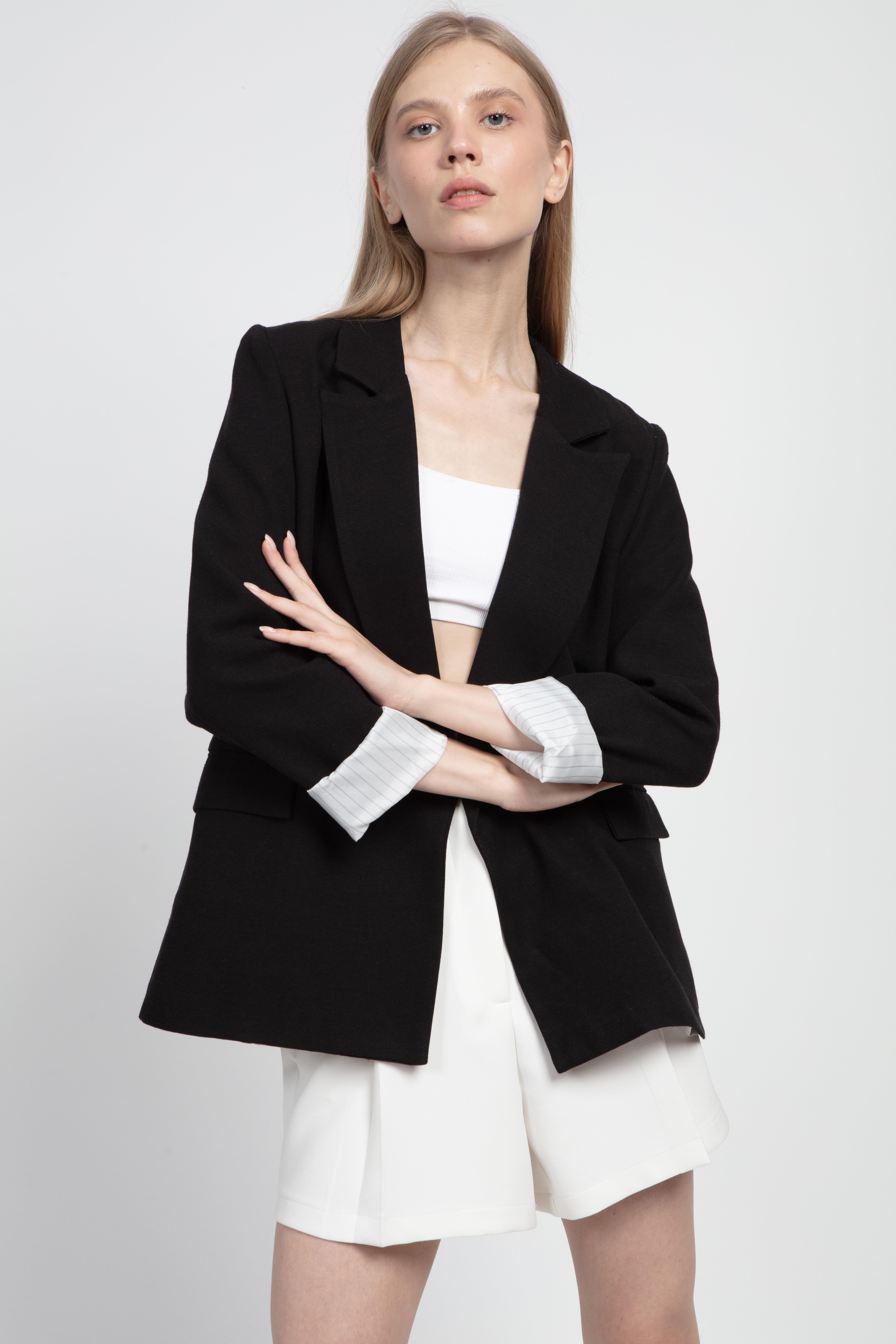 9158 ÇİZGİLİ ASTARLI KETEN CEKET SİYAH