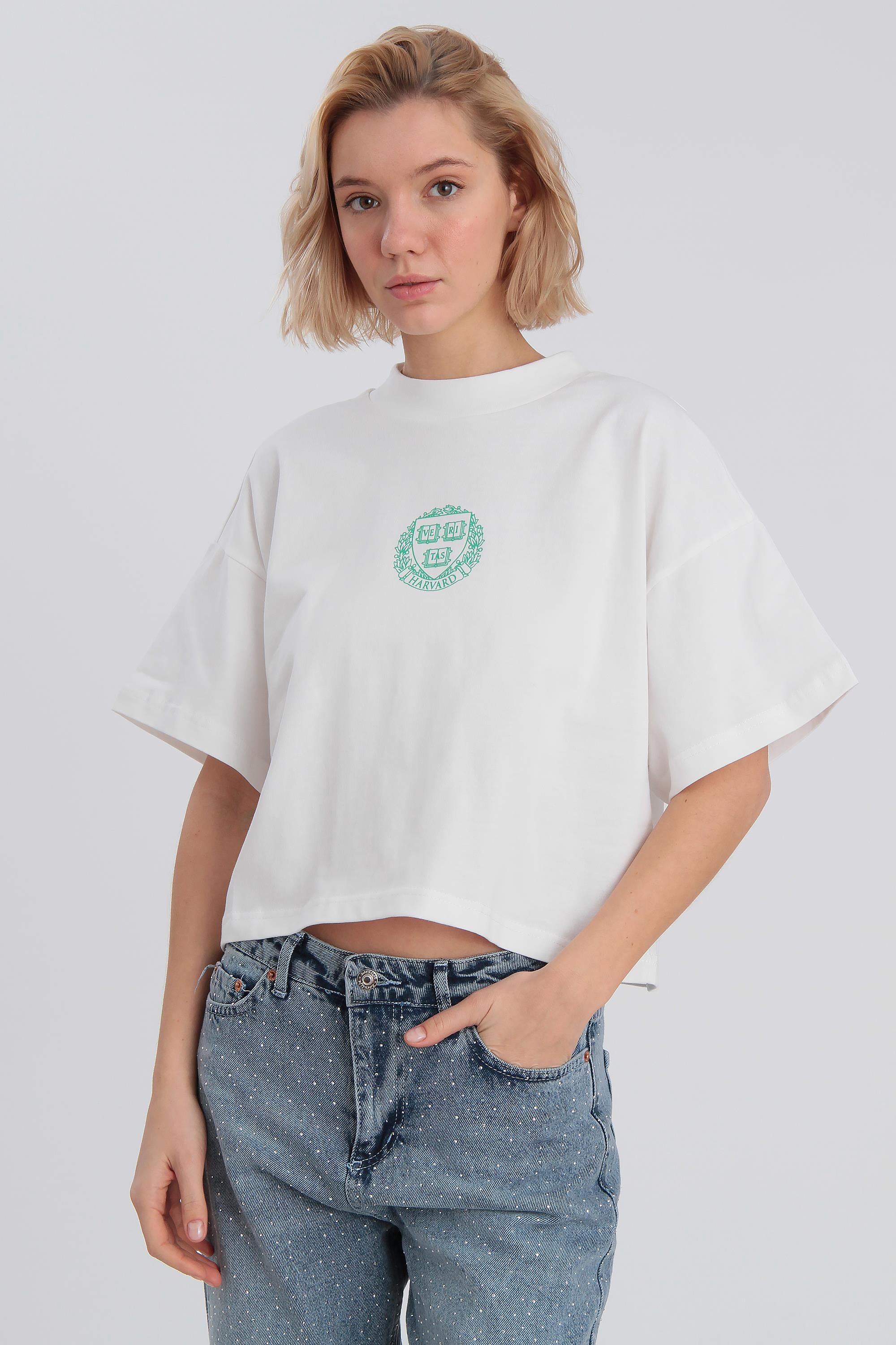 0021 HARVARD BASKILI TİŞÖRT EKRU
