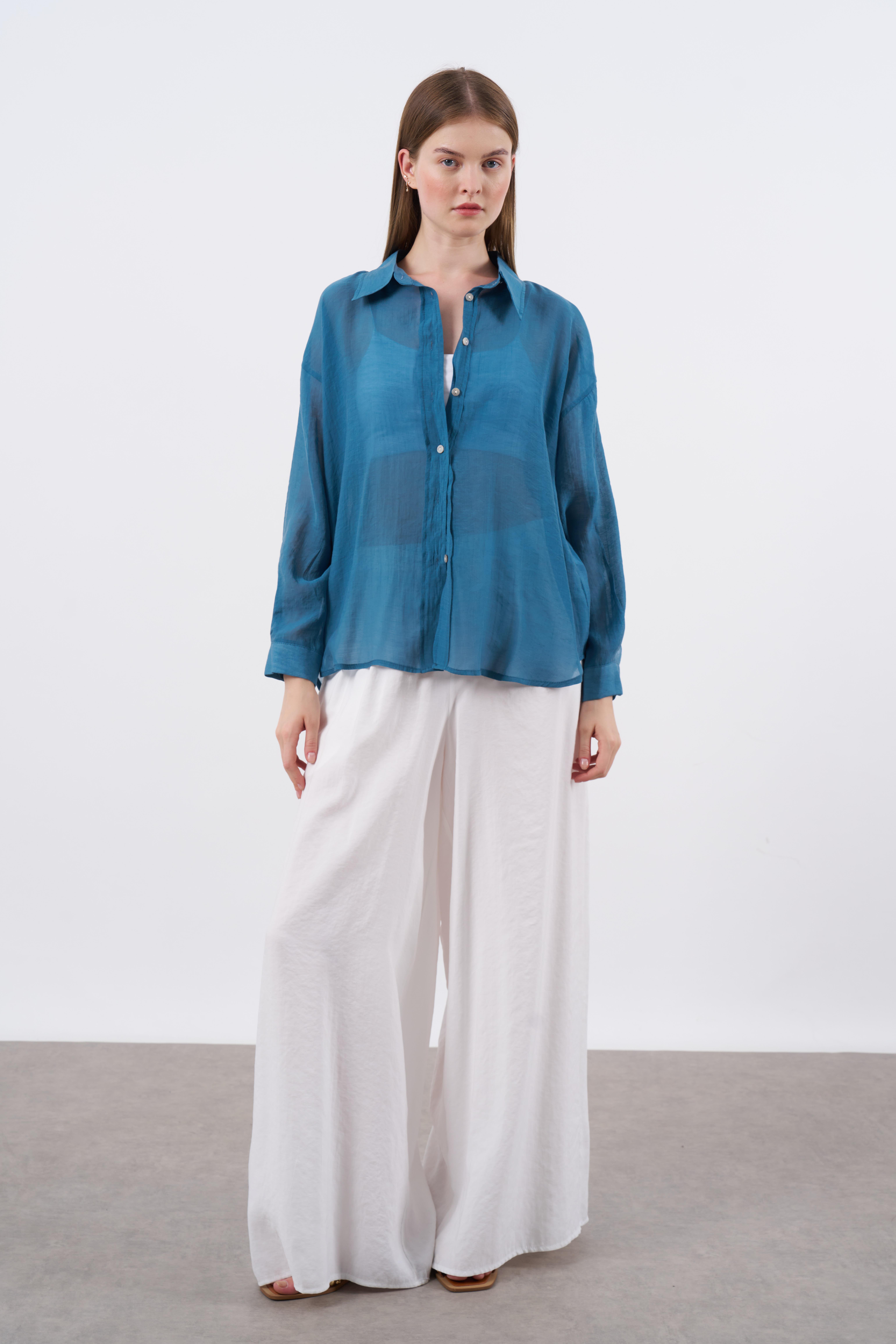 4924 OVERSIZE İPEKSİ GÖMLEK PETROL MAVİ