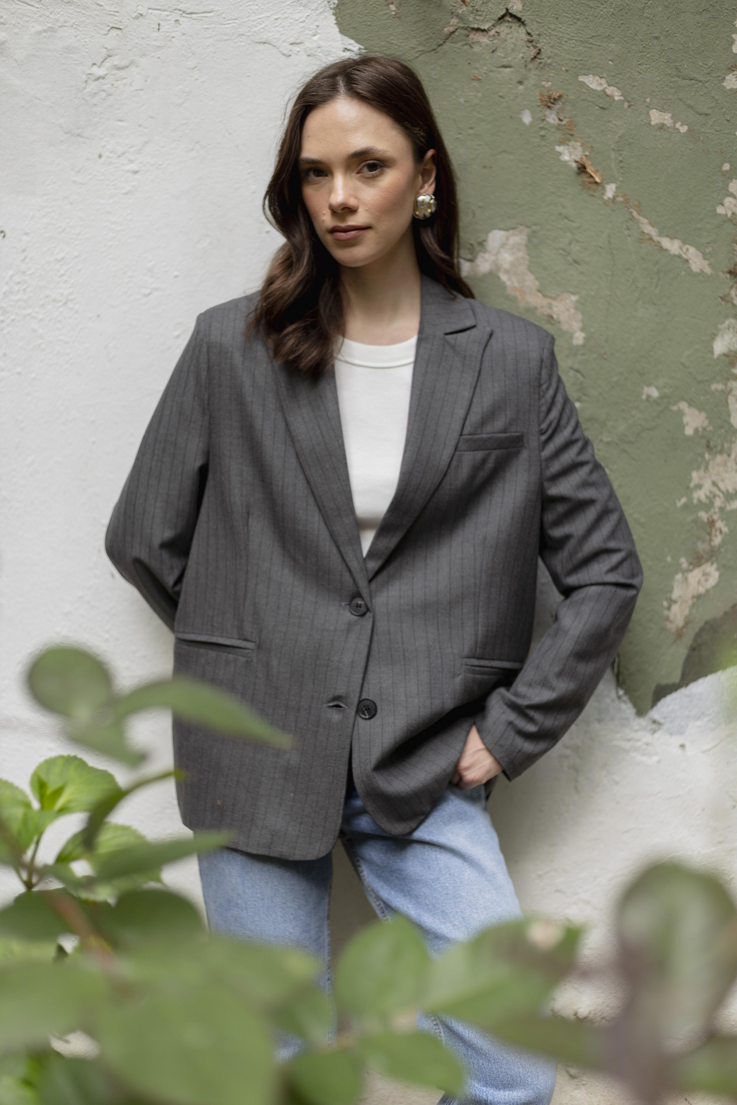 9558 ÇİZGİLİ POLİVİSKON CEKET ANTRASİT-KAHVE