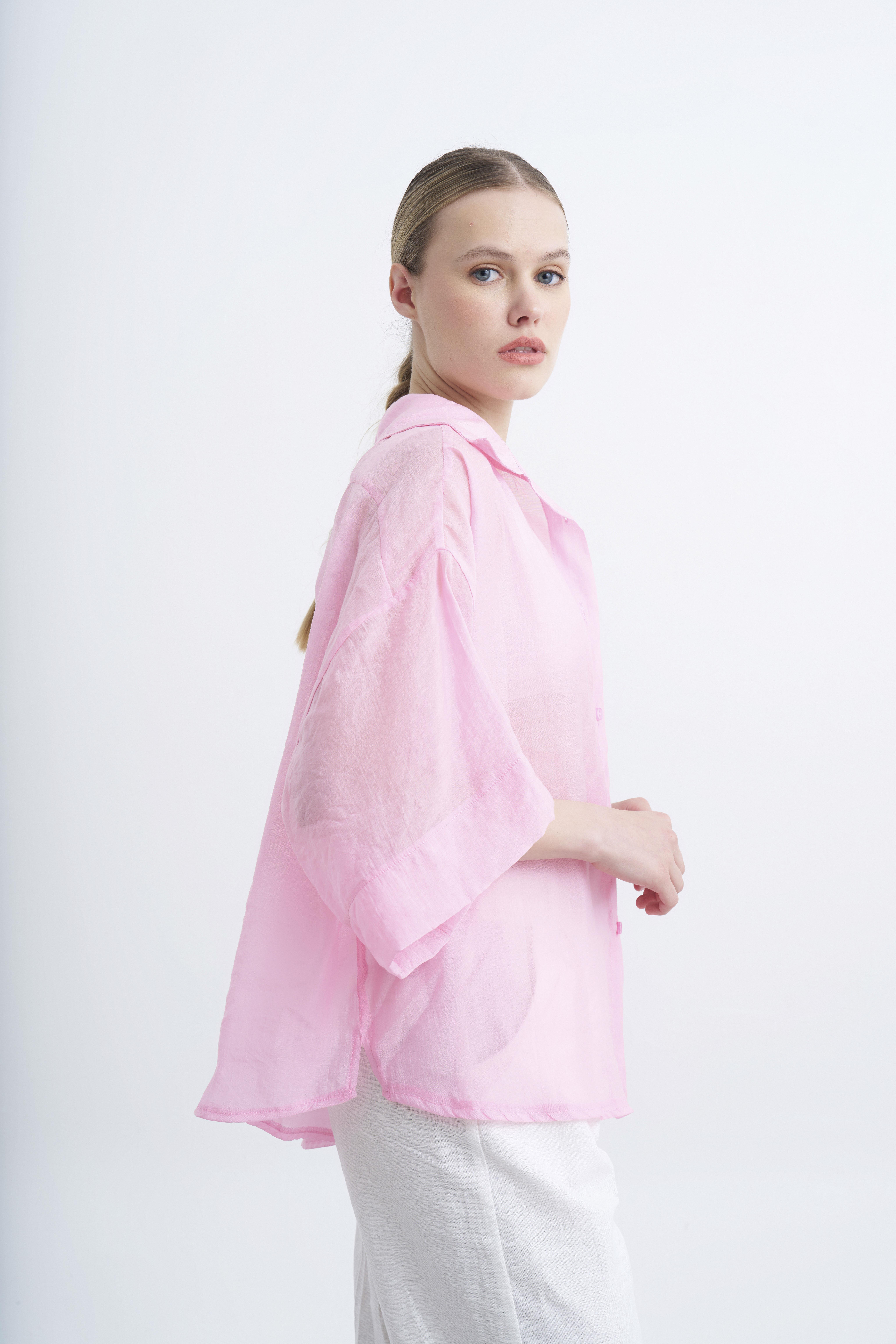 4927 OVERSIZE İPEKSİ GÖMLEK PEMBE