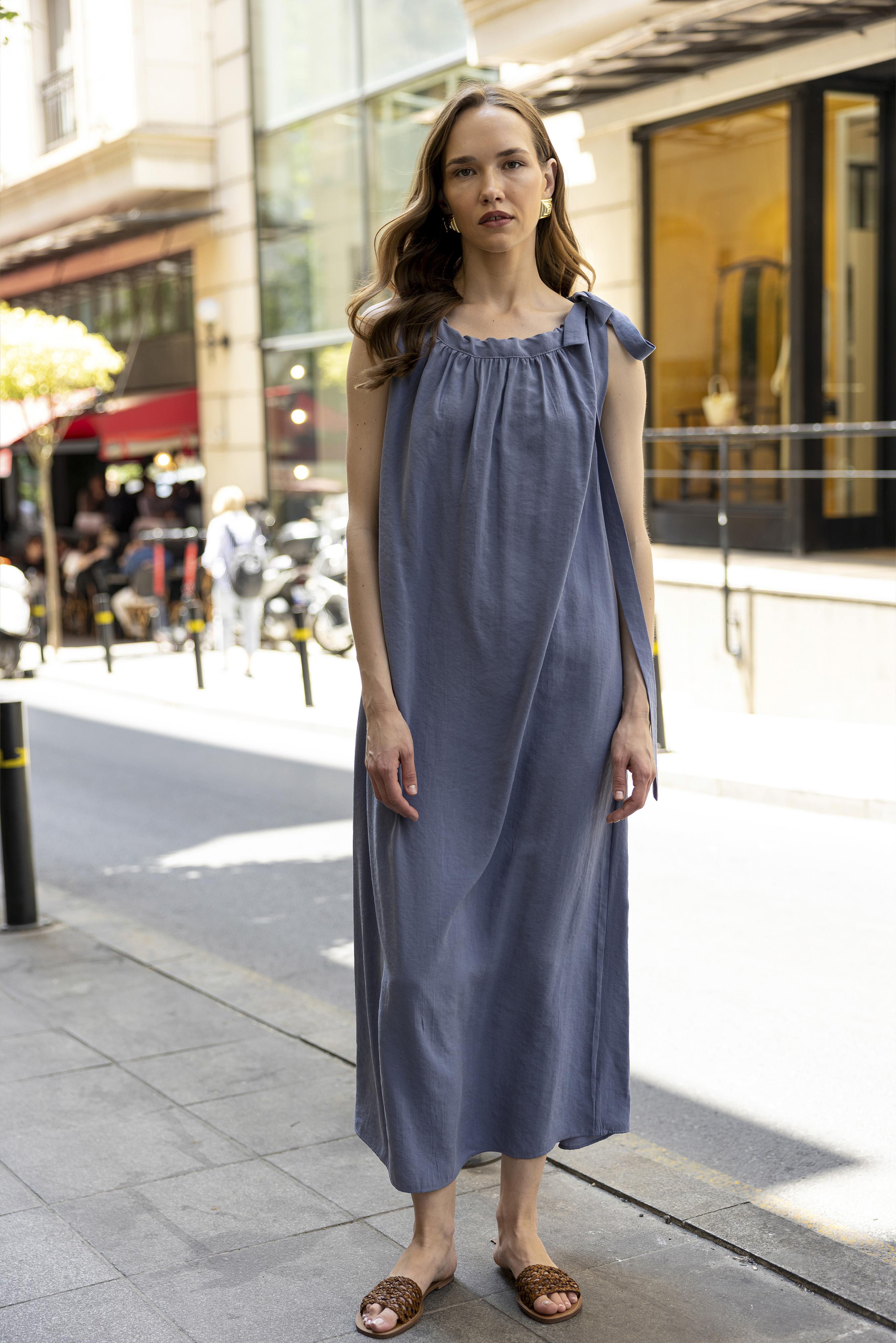 3213 OMUZDAN BAĞLAMALI ELBİSE GRİ-MAVİ