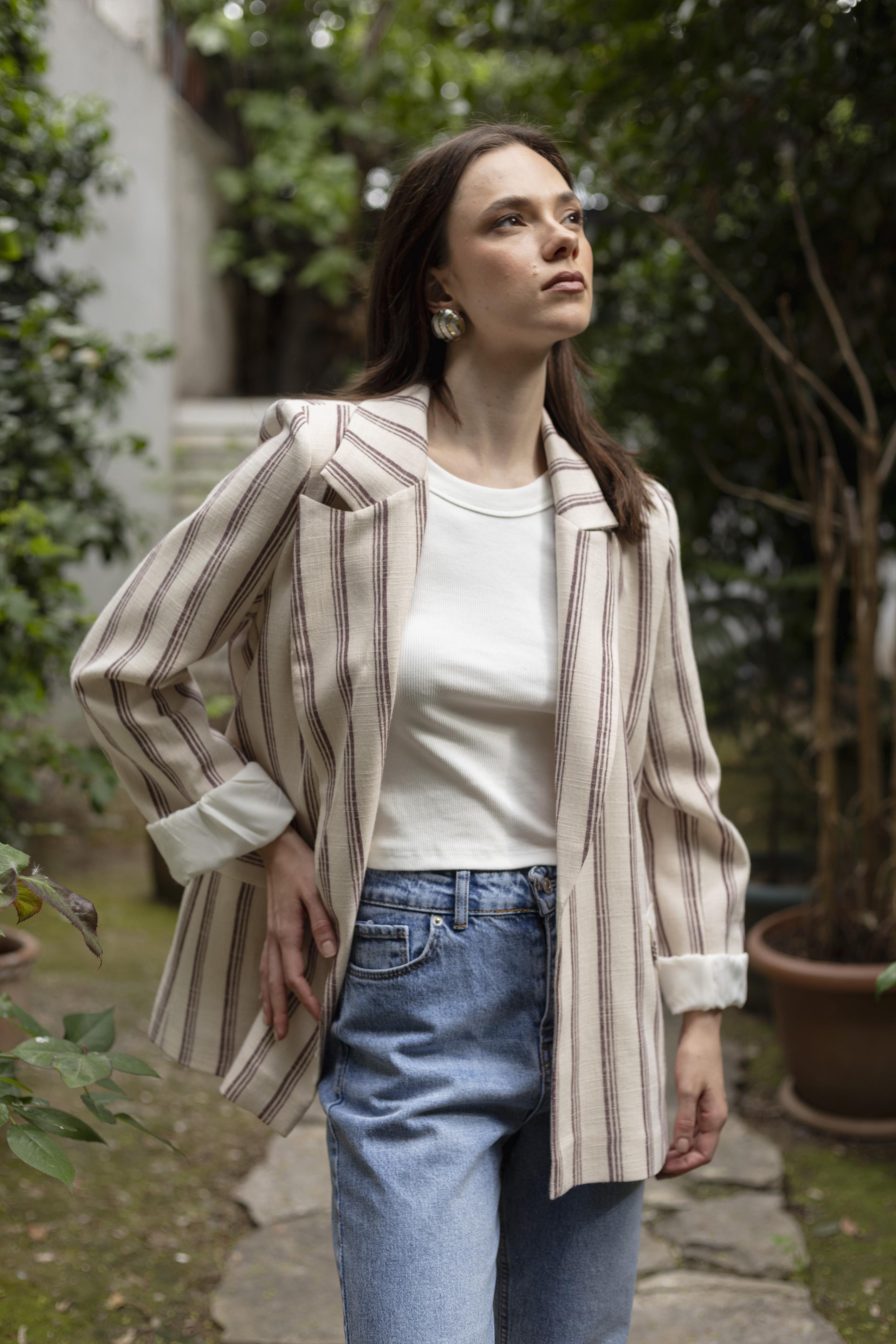 9424 ÇİZGİLİ KETEN CEKET (9134) TAŞ-BORDO