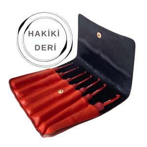 Knitme Red Tığ Seti  | 7 Adet Tığ Orjinal Kırmızı Deri Çantalı