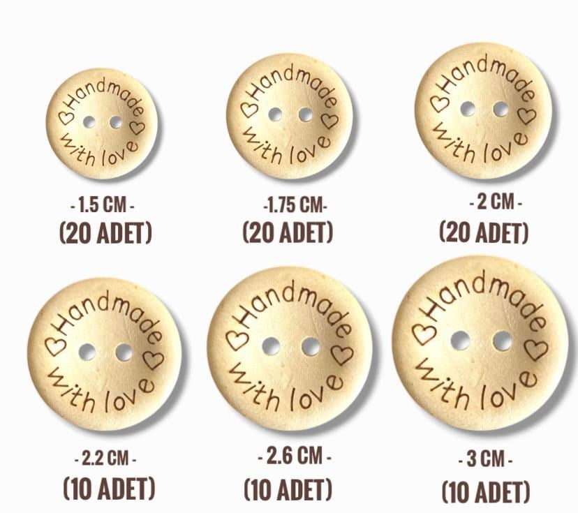 Ahşap Handmade Düğme 1.5 Cm / 1.75 Cm / 2 Cm 20' Şer Adet | 2.2 / 2.6 / 3 Cm 10' Ar Adet ( Toplam 90 Adet )