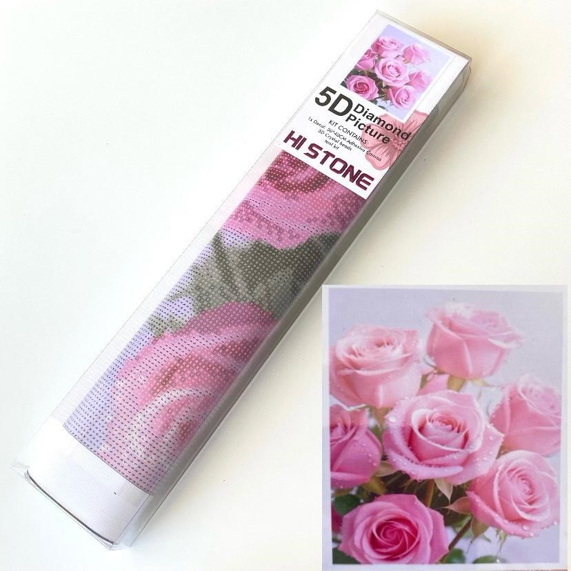 Boncuklu Taşlı Pano Mozaik Elmas Goblen Diamond Tablo 40x 50 Cm Pembe Gül Demetleri