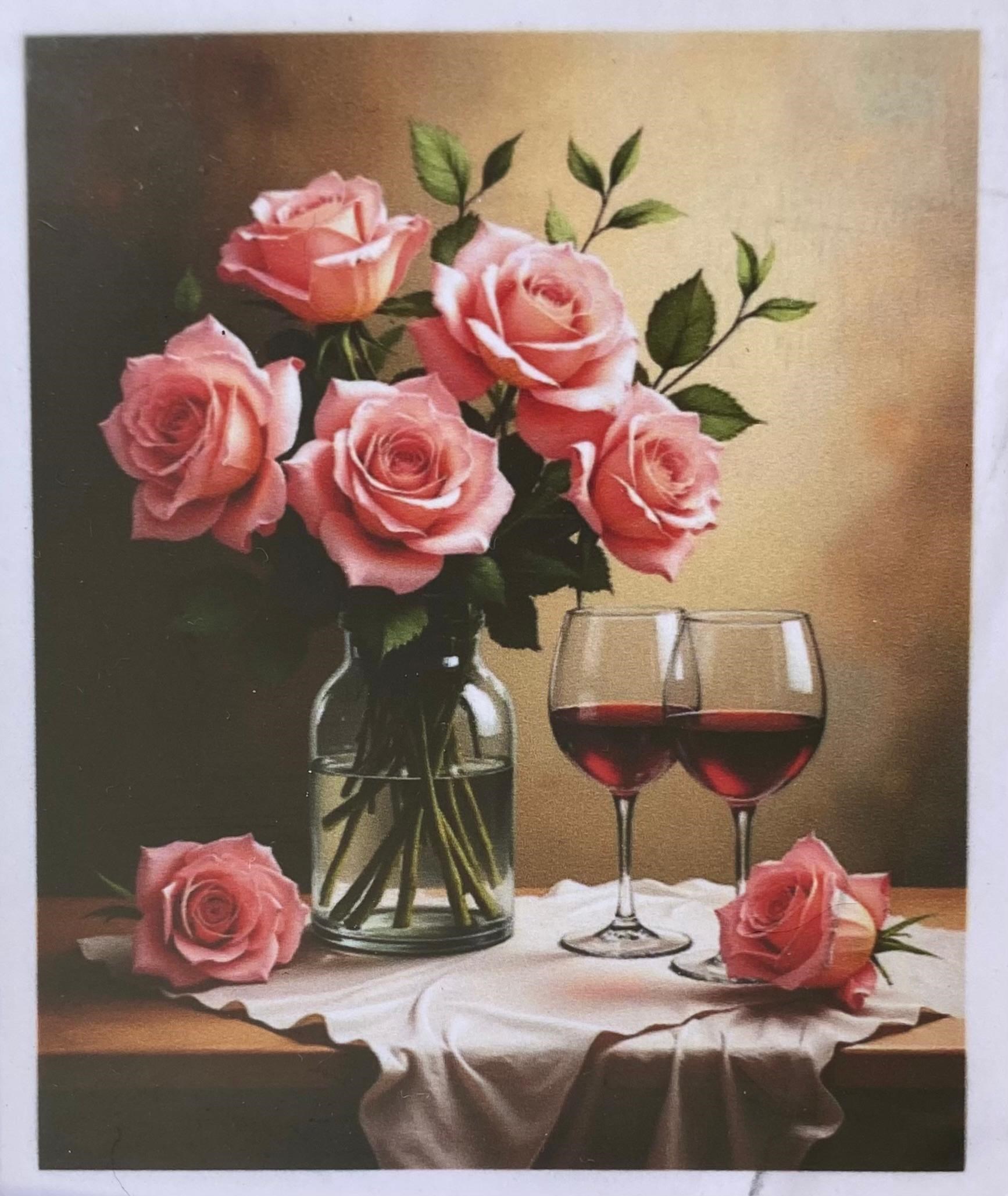 Boncuklu Taşlı Pano Mozaik Elmas Goblen Diamond Tablo 50 X 40 Cm  Pembe Güller