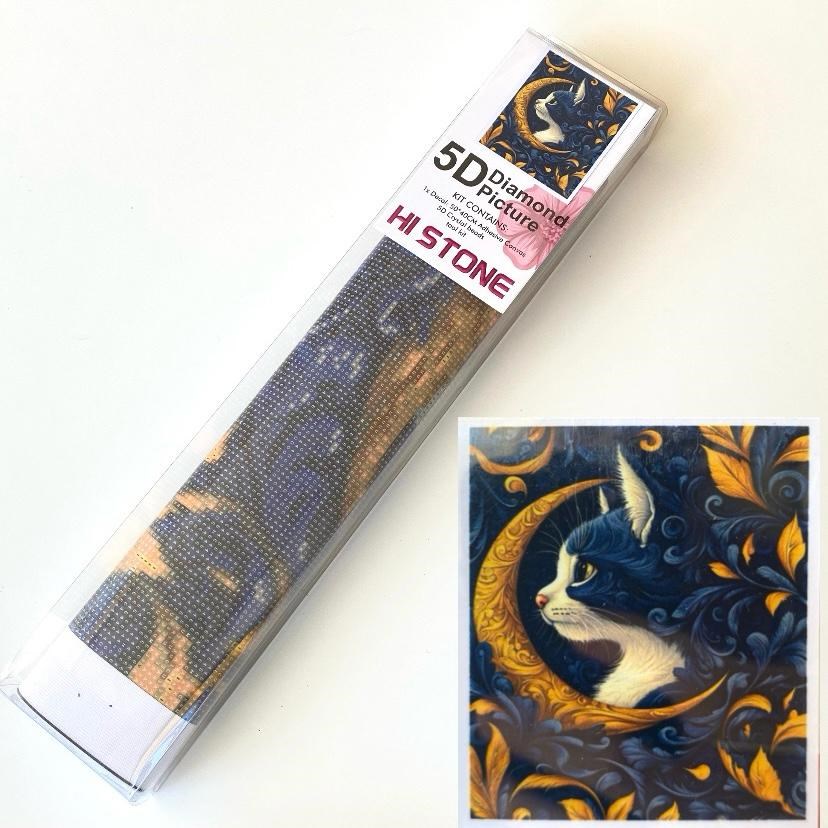Boncuklu Taşlı Pano Mozaik Elmas Goblen Diamond Tablo 40x 50 Cm Lacivert Beyaz Kedi