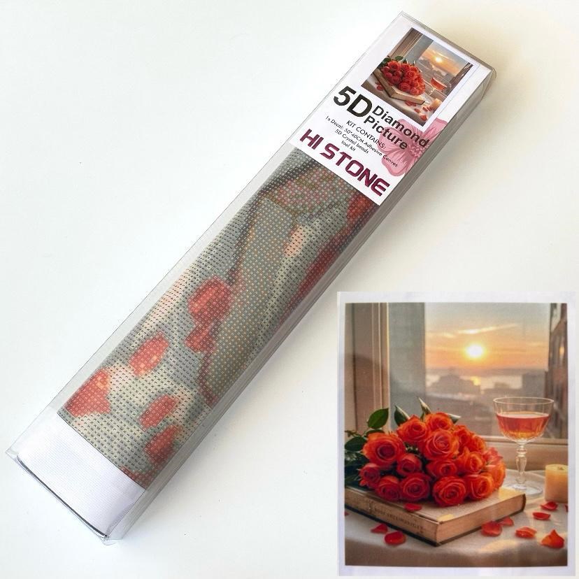 Boncuklu Taşlı Pano Mozaik Elmas Goblen Diamond Tablo 50 X 40 Cm Kırmızı Güller İle Romantik Şehir Manzarası