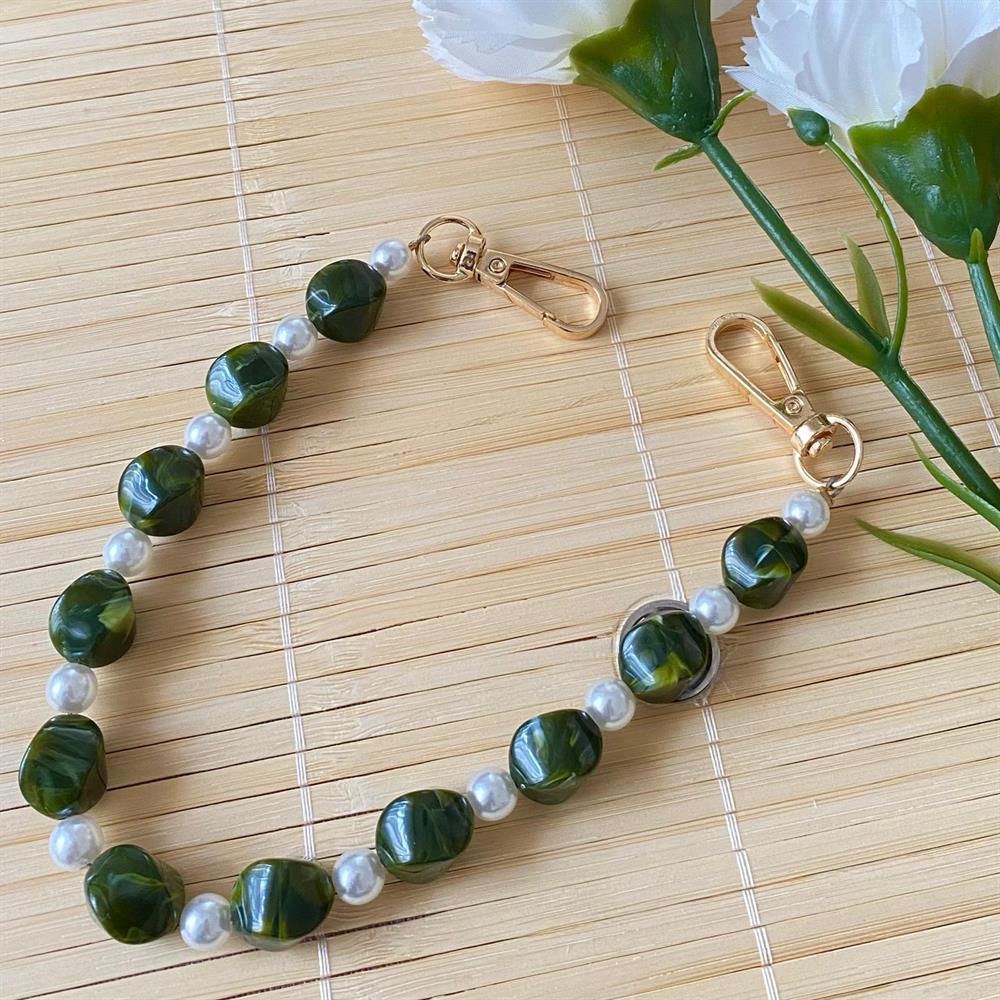 Çanta Askısı İncili Yeşil Taş Detaylı