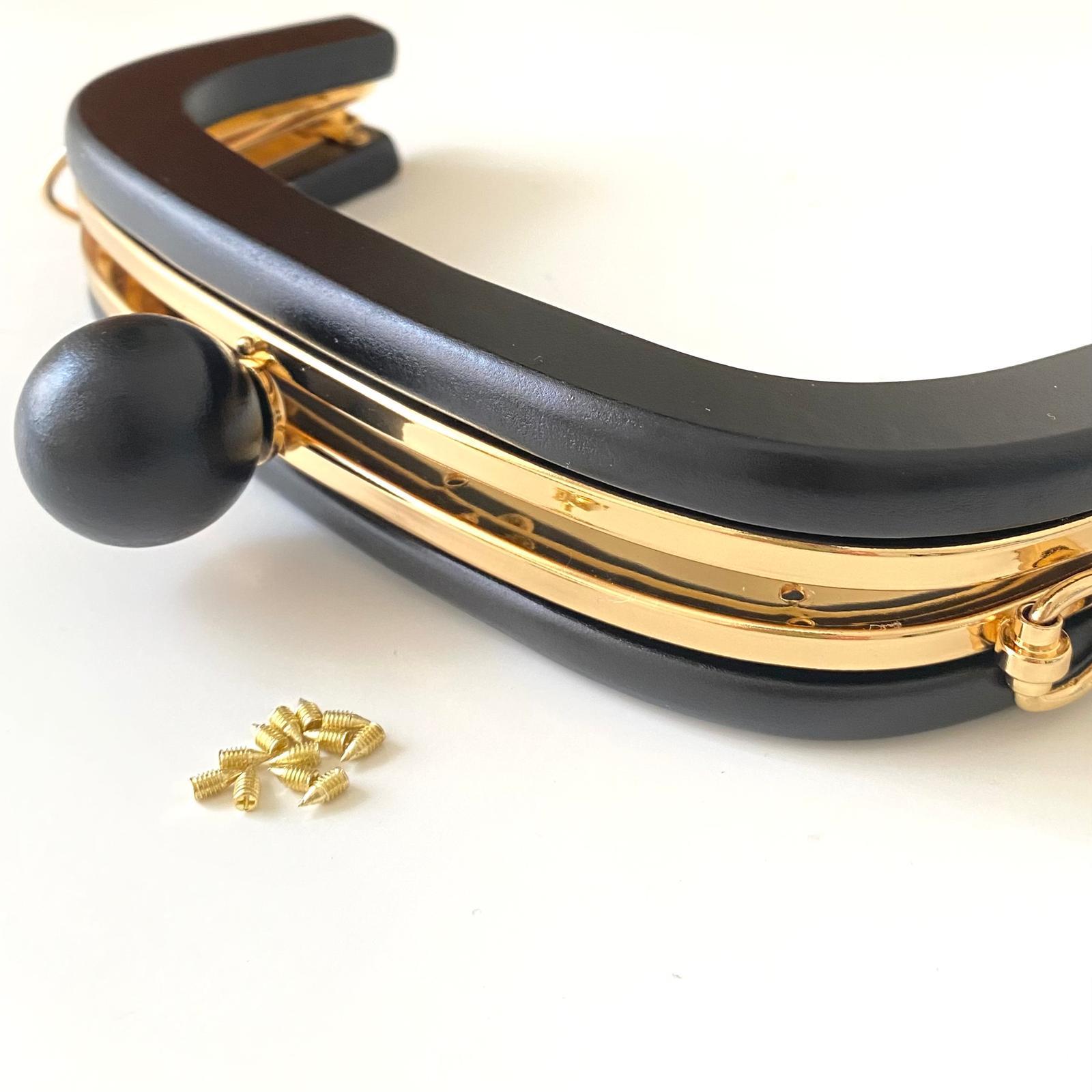 Çanta Bursu Ahşap Oval Boncuklu Siyah ve Metal Şeritli 20 Cm