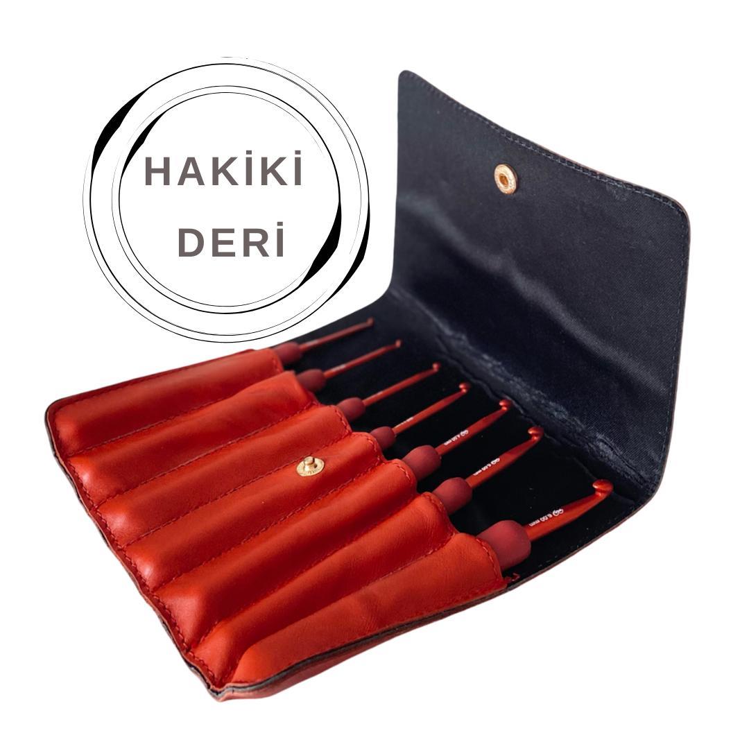 Knitme Red Tığ Seti  | 7 Adet Tığ Orjinal Kırmızı Deri Çantalı