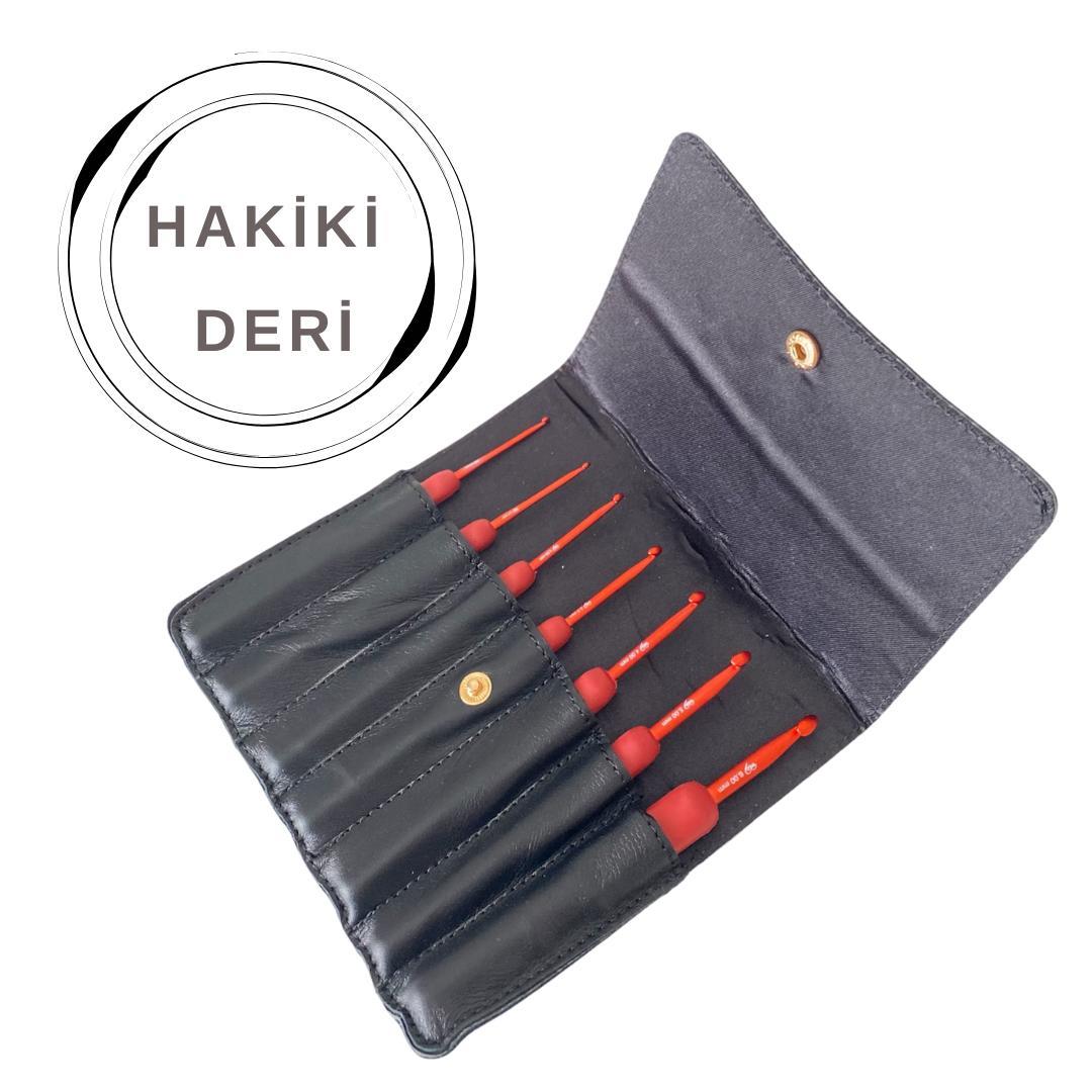 Knitme Red Tığ Seti  | 7 Adet Tığ Orjinal Siyah Deri Çantalı