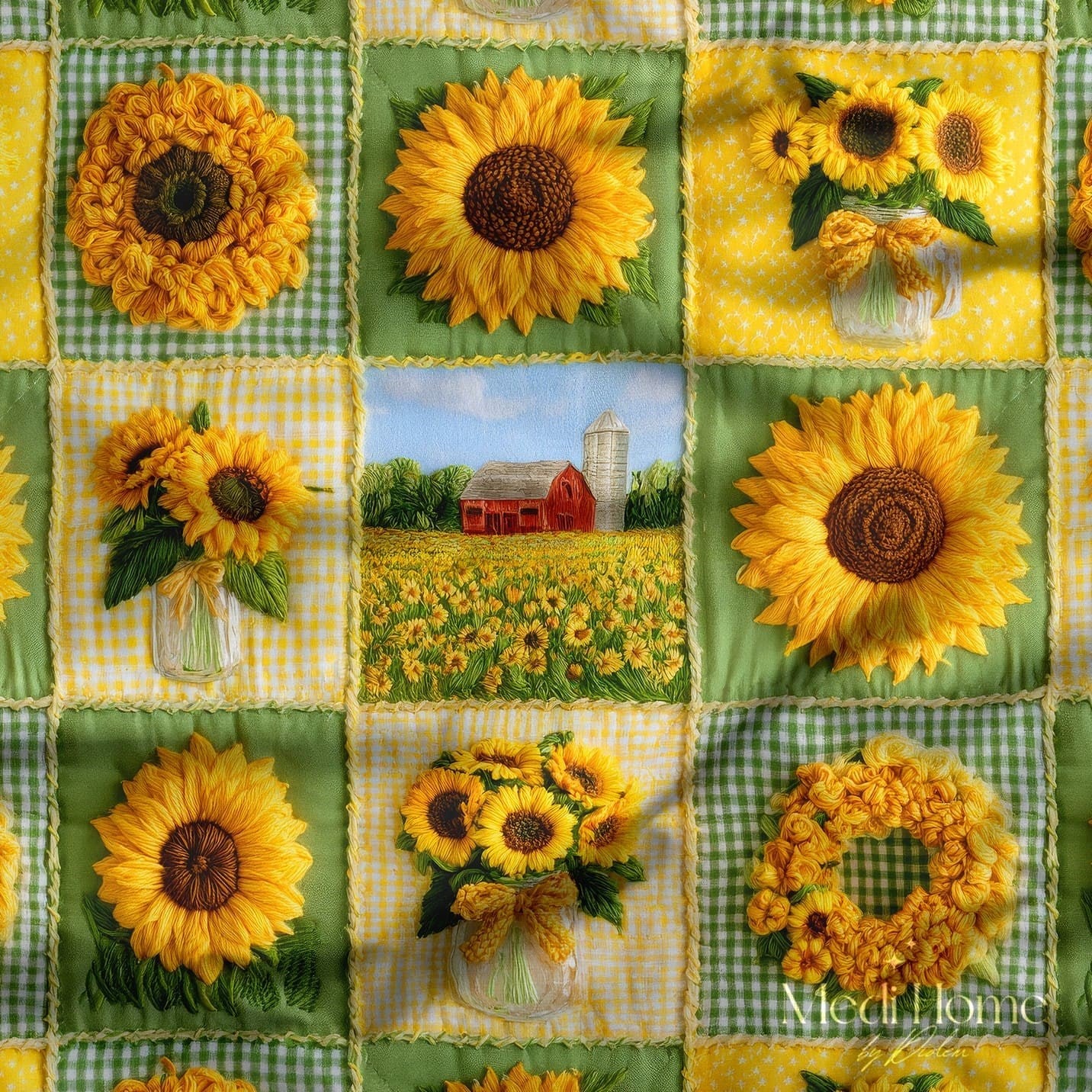 3 Boyutlu Ayçiçeği Bahçesi Patchwork Dijital Baskılı Kumaş