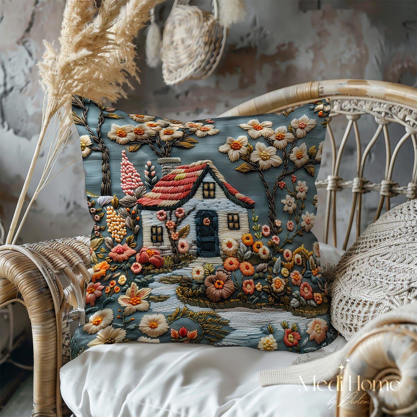 3 Boyutlu Çiçek Bahçesindeki Kiremit Çatılı Kulübe 3'lü Pano Kumaşı