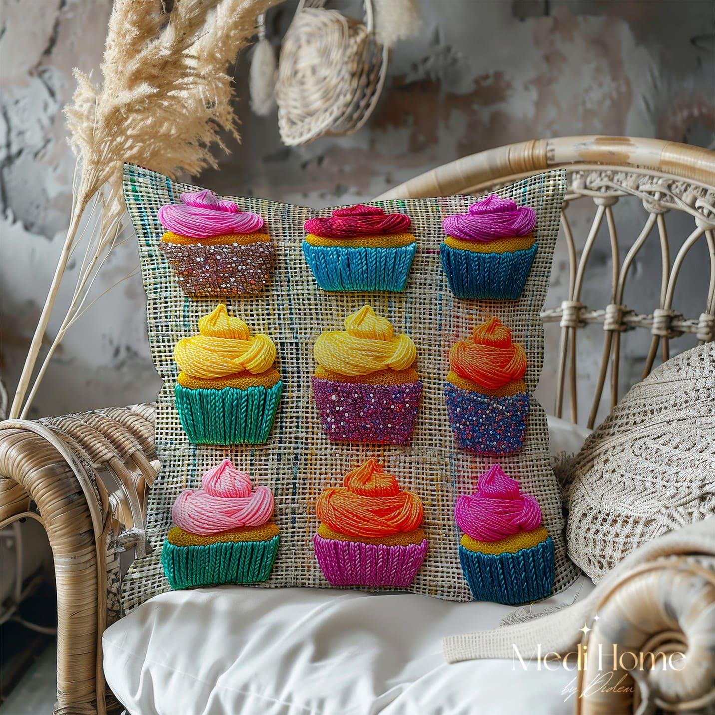 3 Boyutlu Hasır Üzerinde Renkli Cupcake Şöleni 3'lü Pano Kumaşı