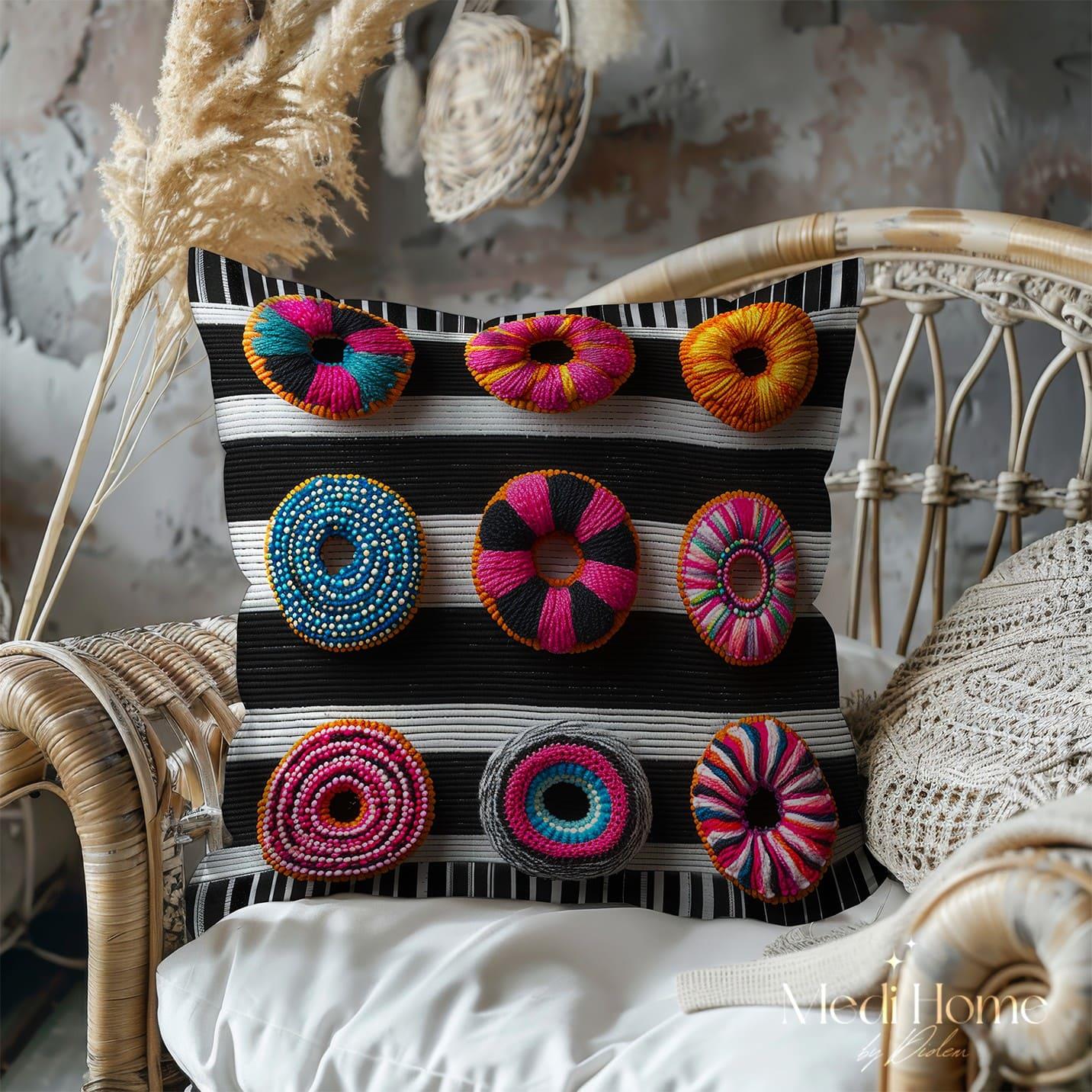 3 Boyutlu Siyah-Beyaz Şeritlerde Renkli Donut Karnavalı 3'lü Pano Kumaşı