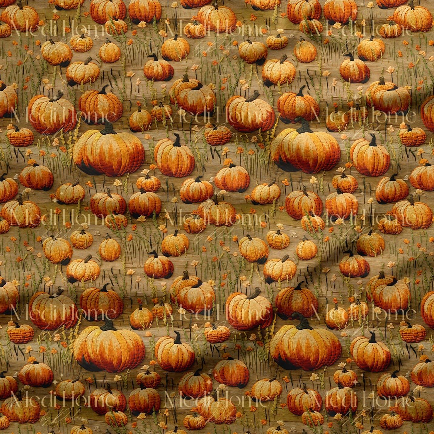 Ahşap Zemindeki Balkabağı Bahçesi Dijital Baskılı Kumaş