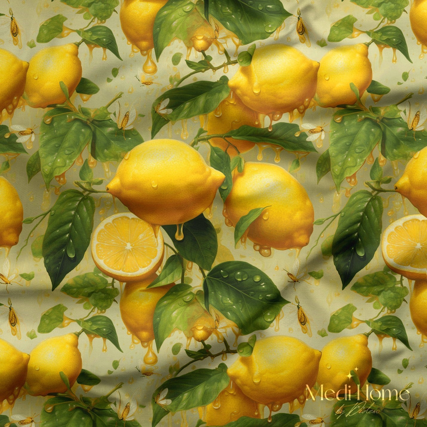 Altın Damlalı Limon Bahçesi Dijital Baskılı Kumaş