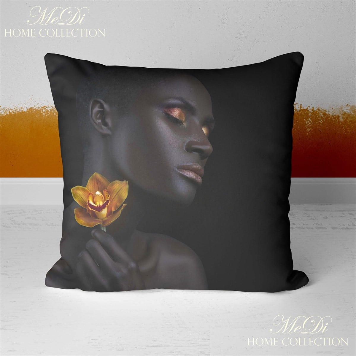 Altın Sarısı Çiçekli Afrikalı Kadın Desenli 3'lü Pano Kumaşı