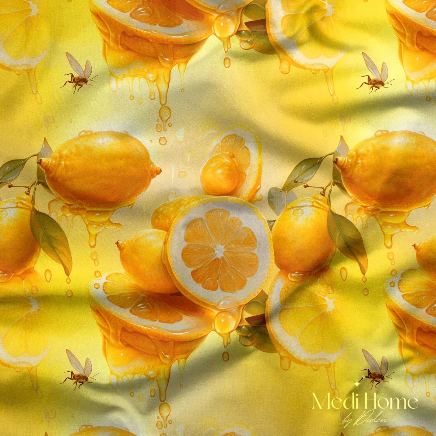 Bal Damlası Limonların Işıltısı Dijital Baskılı Kumaş