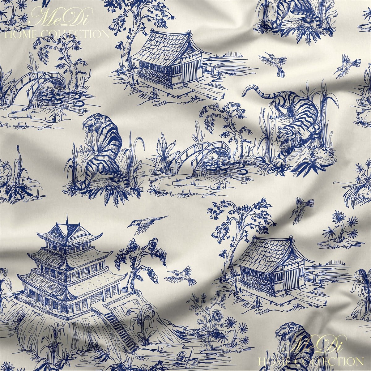 Beyaz-Mavi Japonya Evleri ve Kaplanları Çizimi Desenli Dijital Baskılı Kumaş