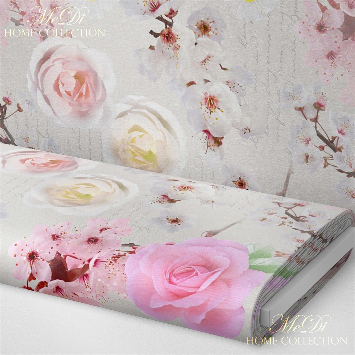 Beyaz-Pembe Gül ve Orkide Desenli Dijital Baskılı Kumaş