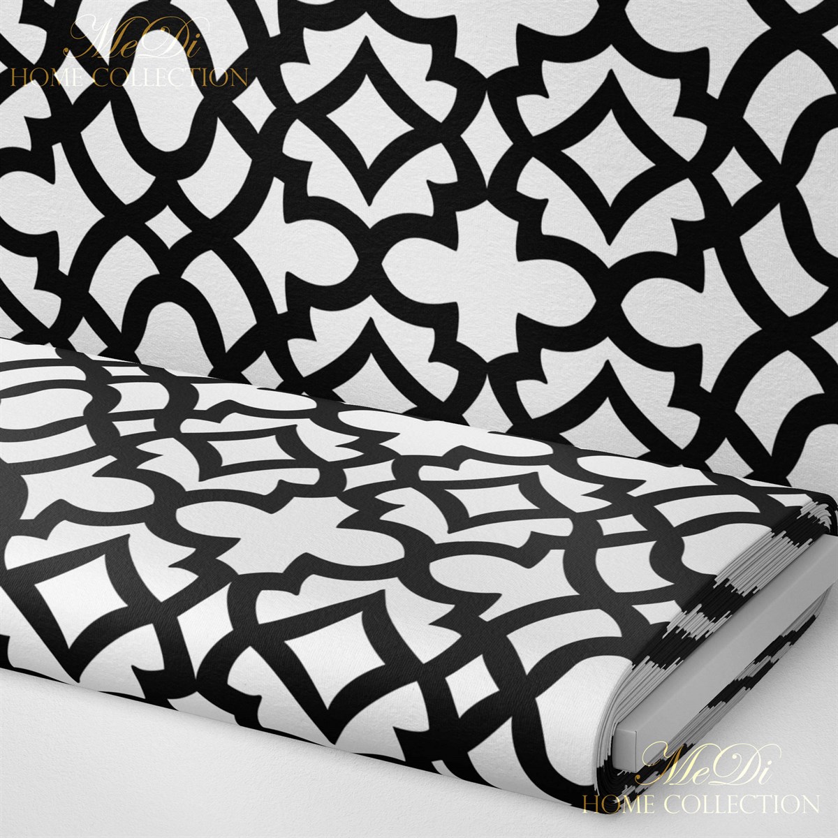 Beyaz Zemin, Siyah Geometrik Motif Desenli Dijital Baskılı Kumaş