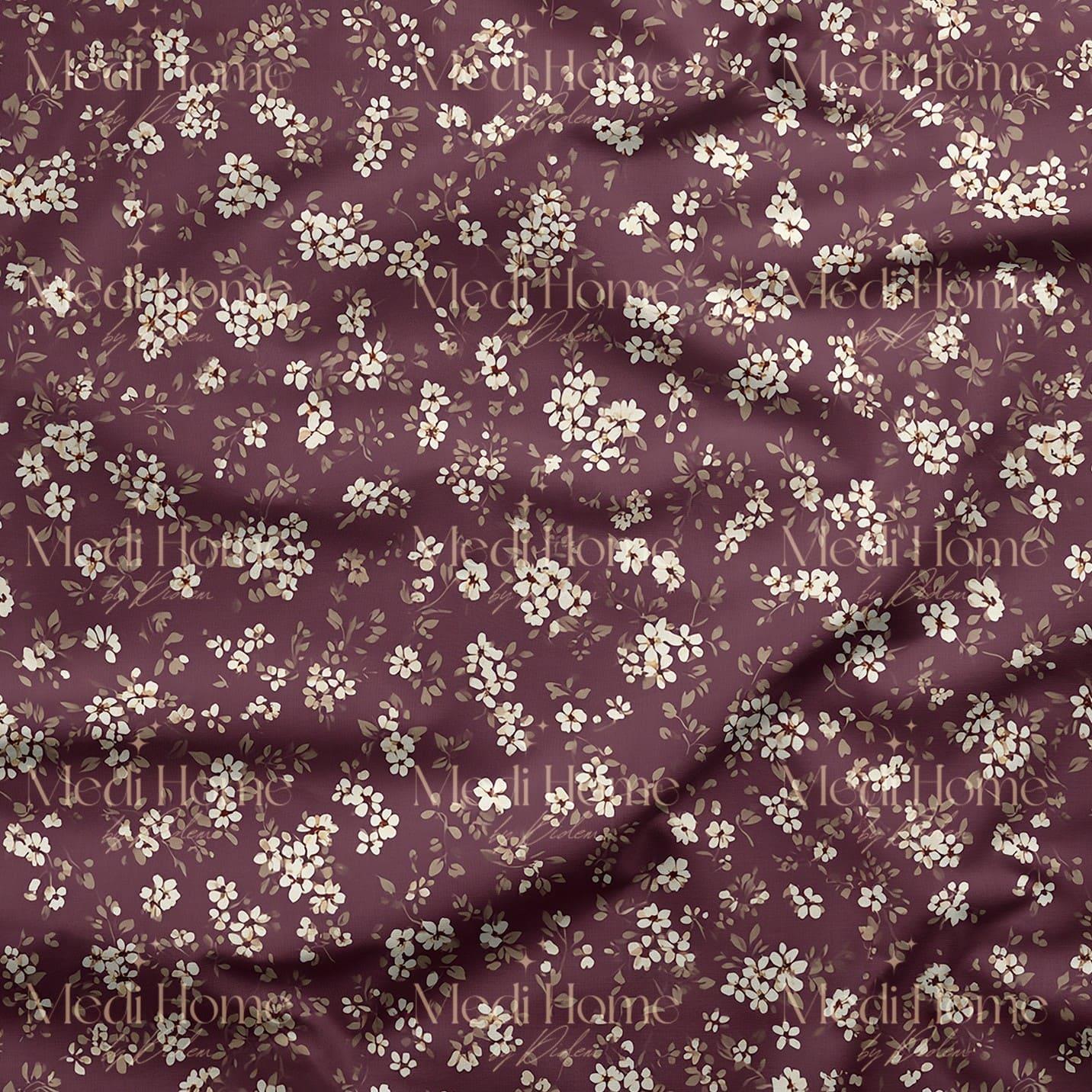 Bordo Zeminde Vintage Mini Çiçekler Dijital Baskılı Kumaş
