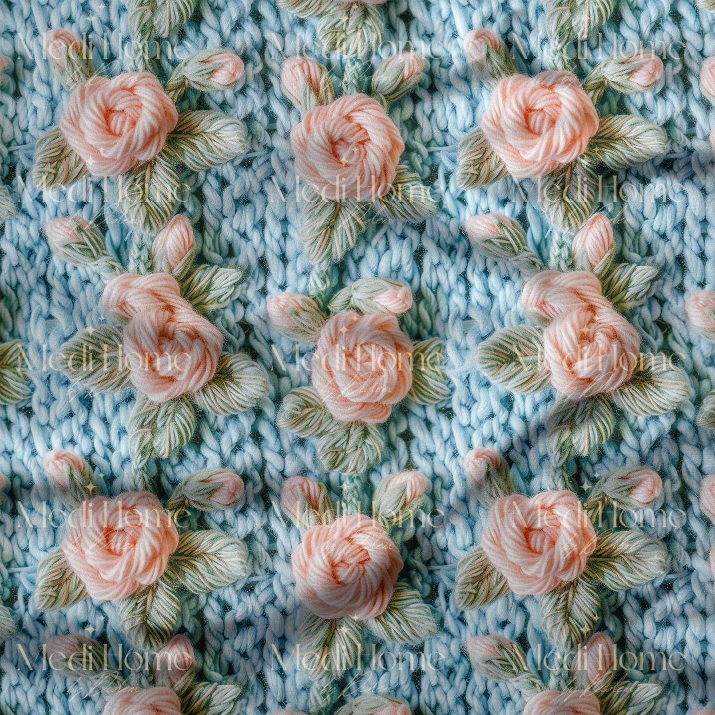 Buz Mavisinde Pudra Güllerin Zarif Dansı Dijital Baskılı Kumaş