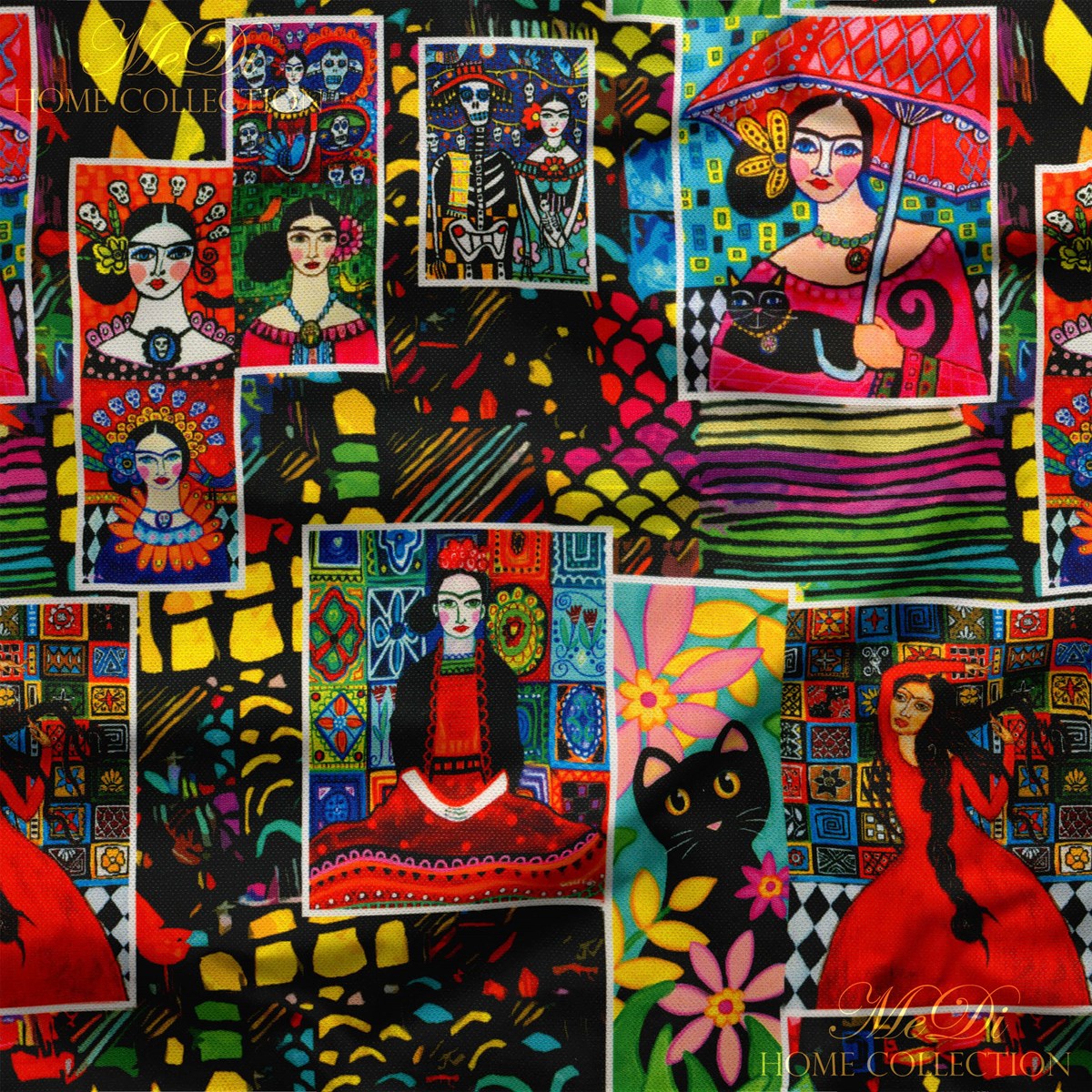 Canlı Renkli Frida Kahlo Desenli Dijital Baskılı Kumaş