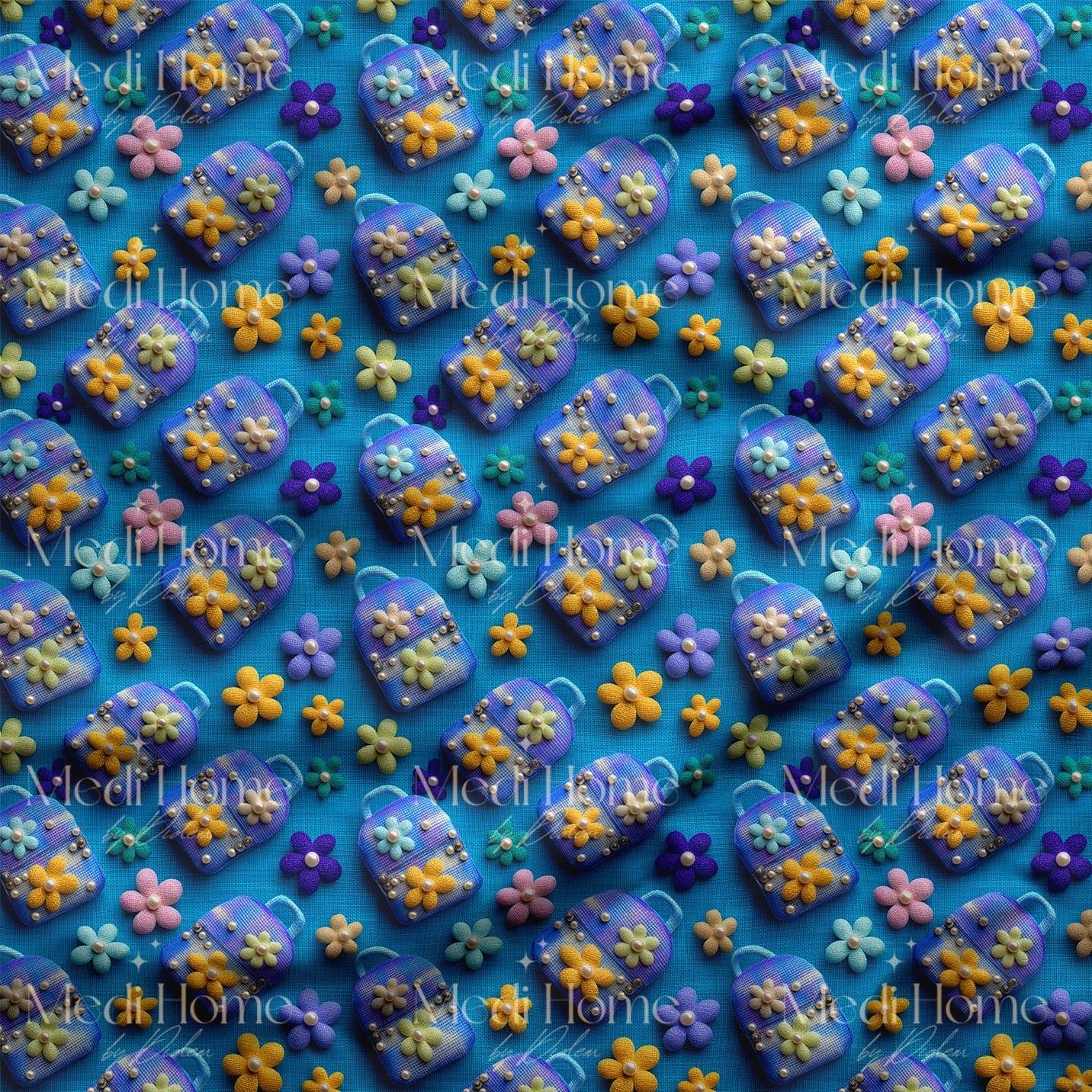 Çiçekli Çantaların Mavi Baharı Dijital Baskılı Kumaş