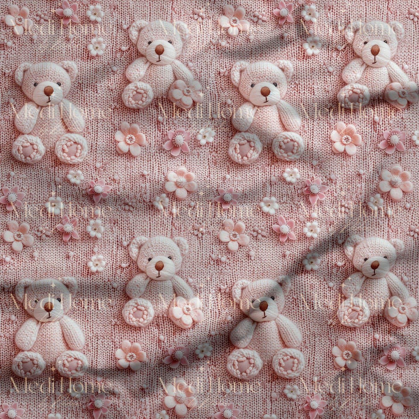 Çiçekli İlmekler Üzerinde Pembe Teddy Huzuru Dijital Baskılı Kumaş