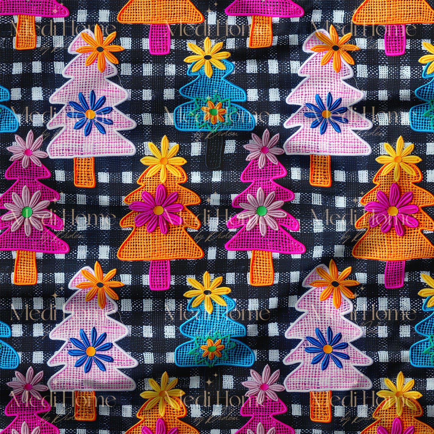 Çiçekli Retro Yılbaşı Ormanı Dijital Baskılı Kumaş