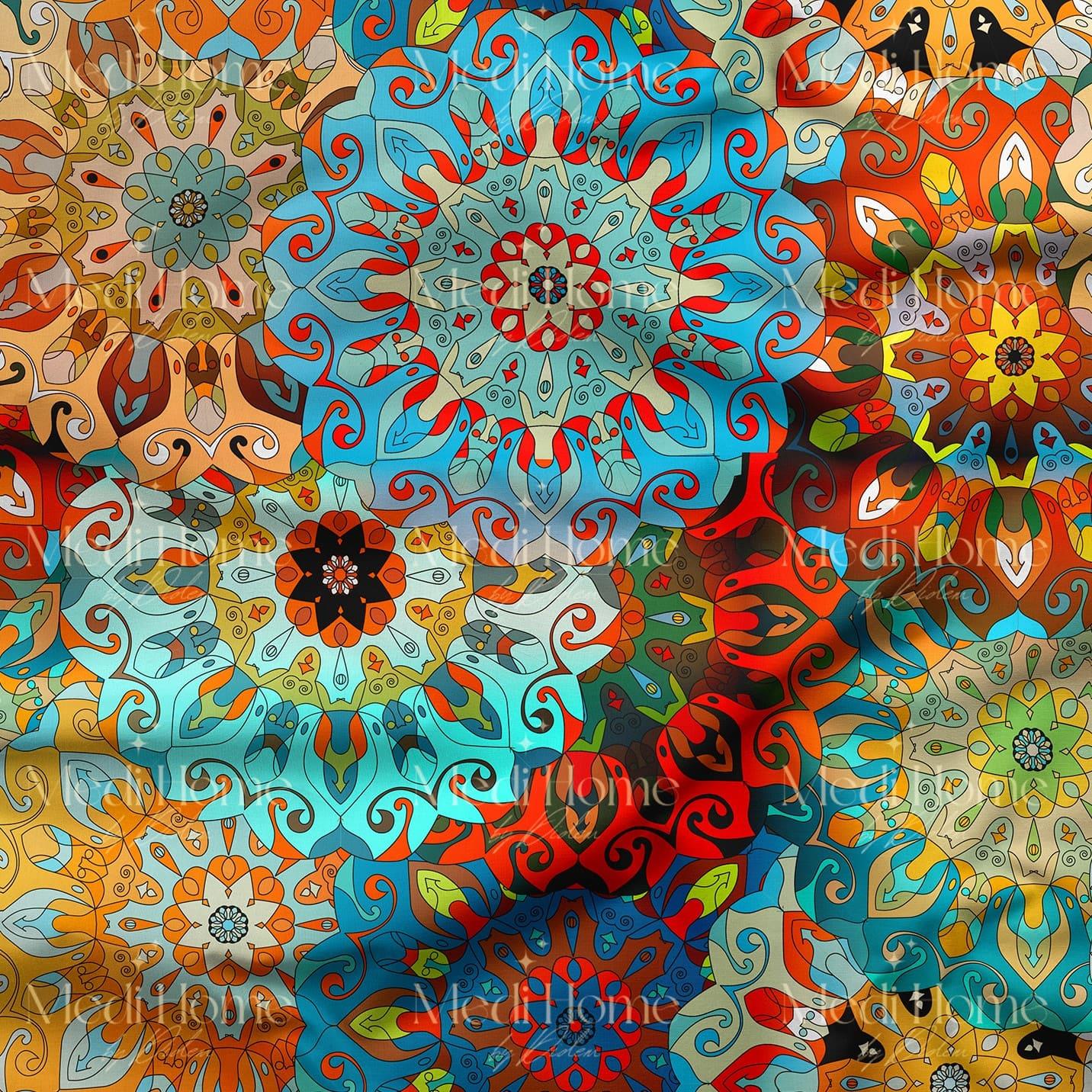 Çok Renkli Mandala Etnik Desenli Dijital Baskılı Kumaş