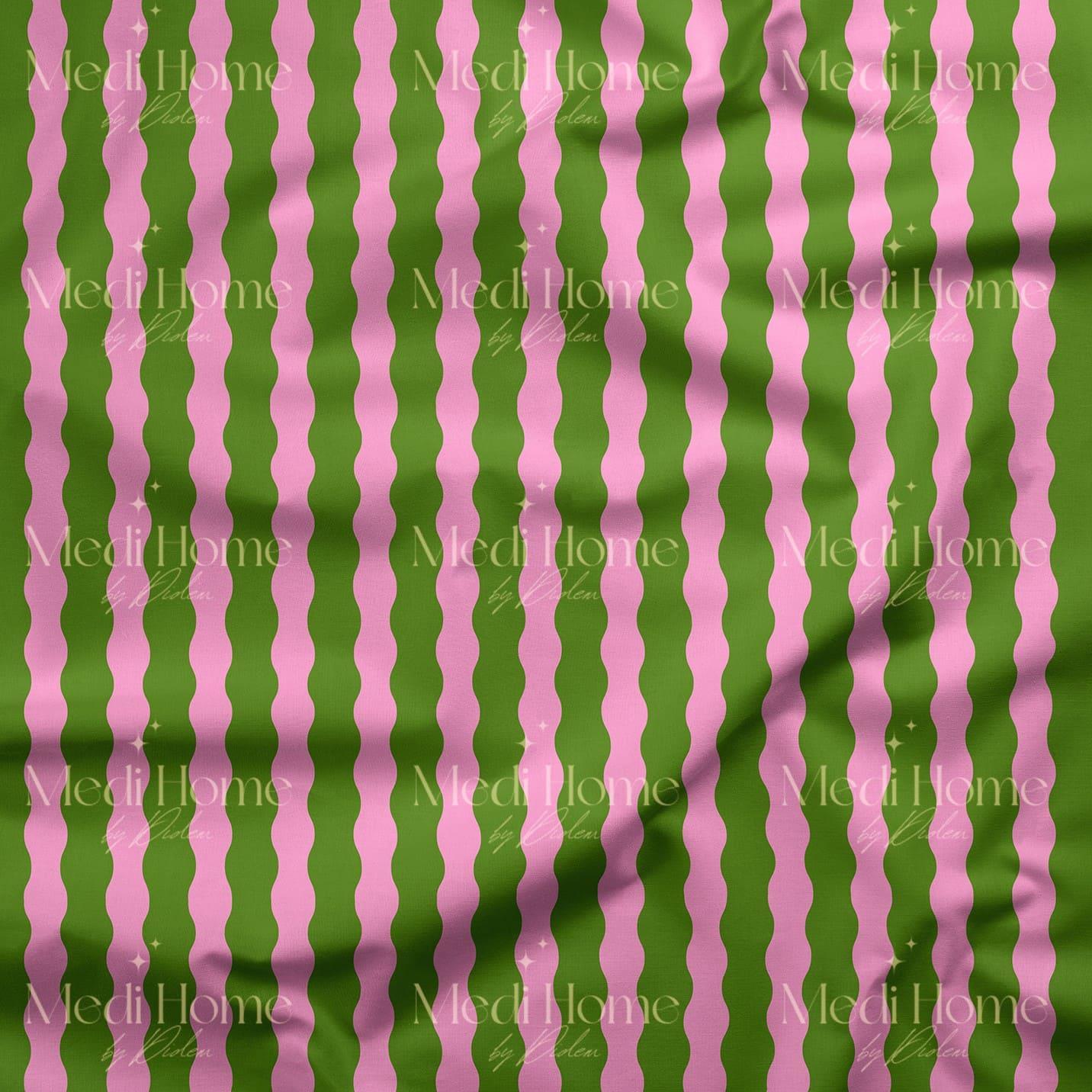 Dalgalı Çizgilerin Pembe & Yeşil Ritmi Dijital Baskılı Kumaş