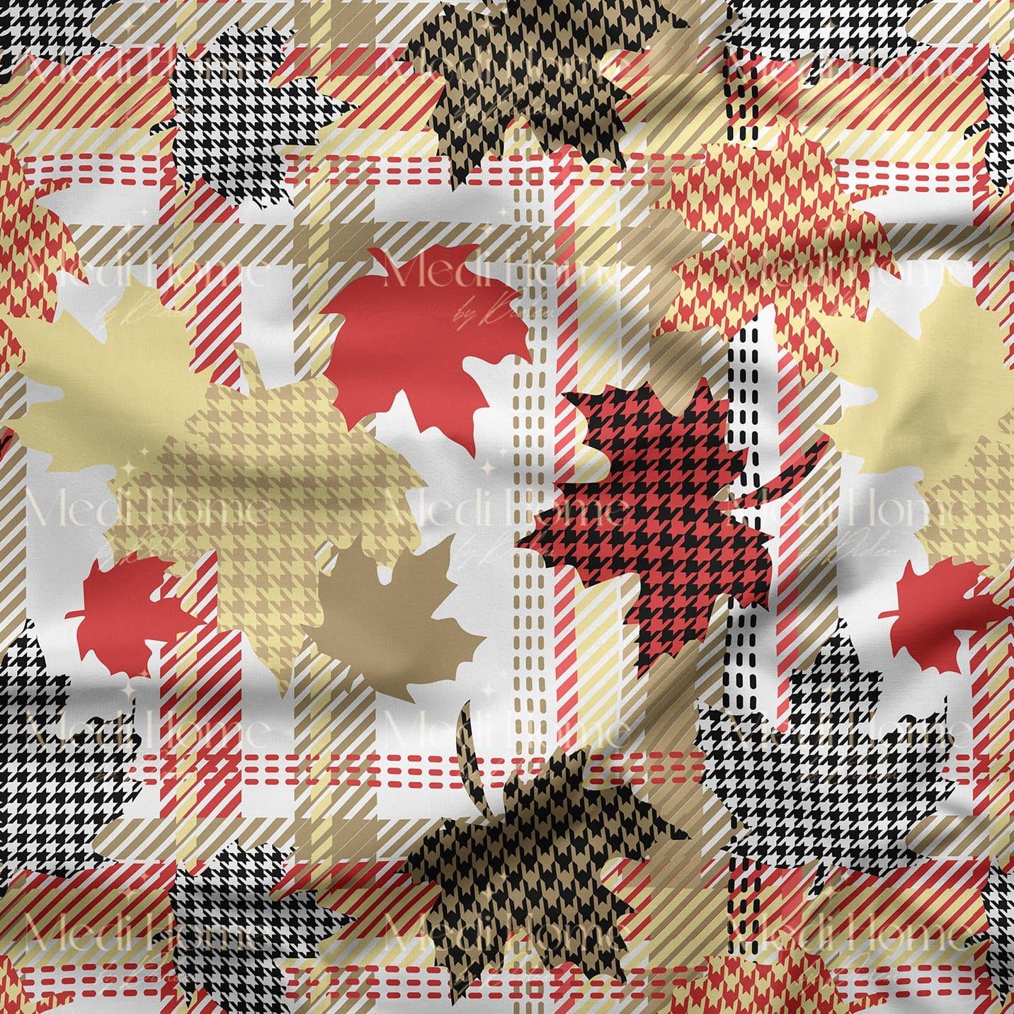 Ekose Üzerinde Sonbaharın Modern Yaprak Oyunu Dijital Baskılı Kumaş