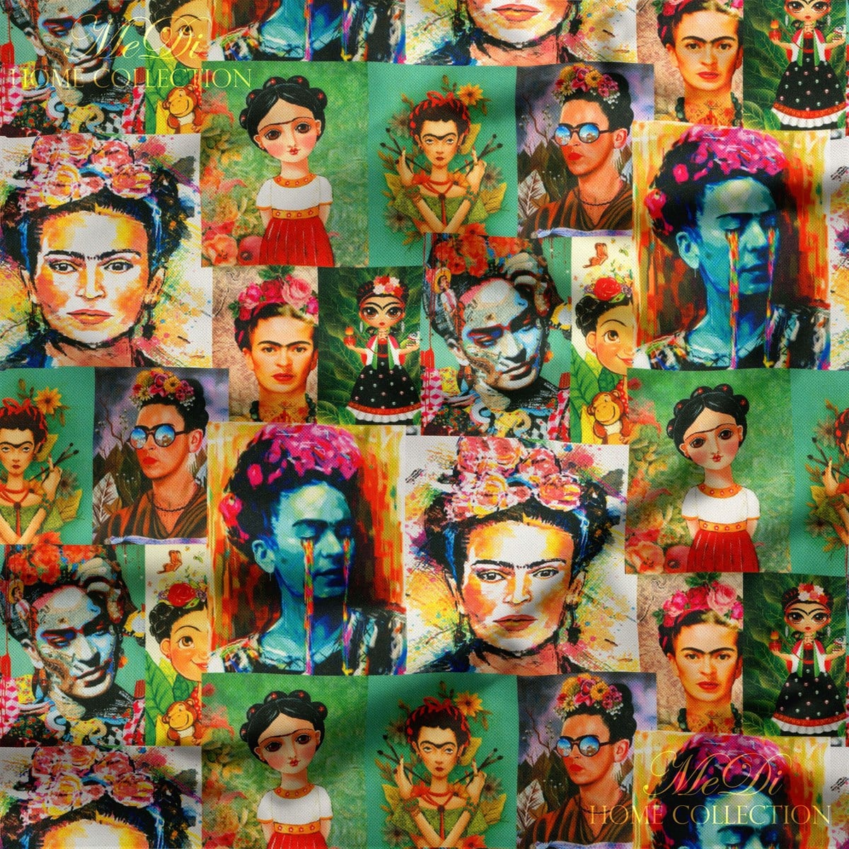 Frida Kahlo Tabloları Patchwork Desenli Dijital Baskılı Kumaş