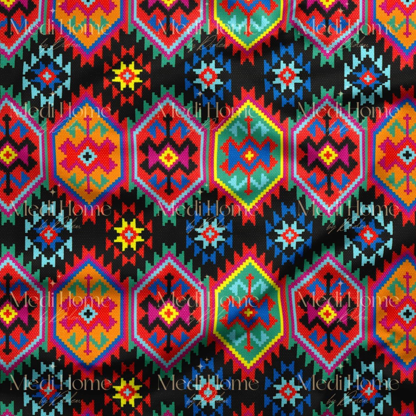 Gece Zemininde Neon Kilim Rüyası Dijital Baskılı Kumaş