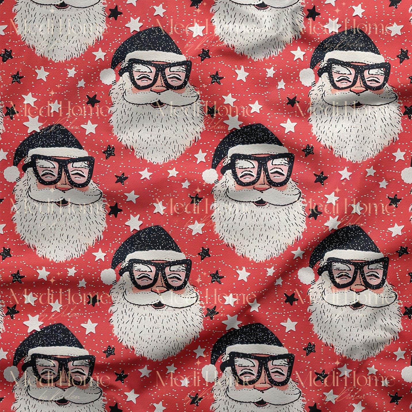 Gözlüklü Cool Santa'nın Neşeli Yılbaşısı Dijital Baskılı Kumaş