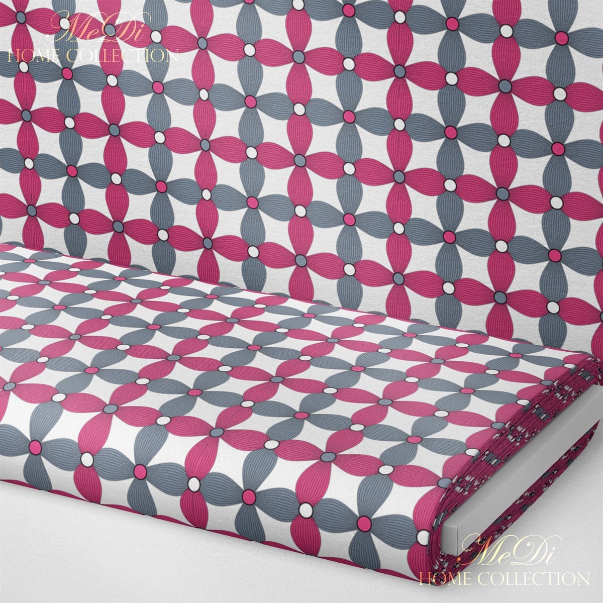 Gri-Pembe Geometrik Çiçek Desenli Dijital Baskılı Kumaş