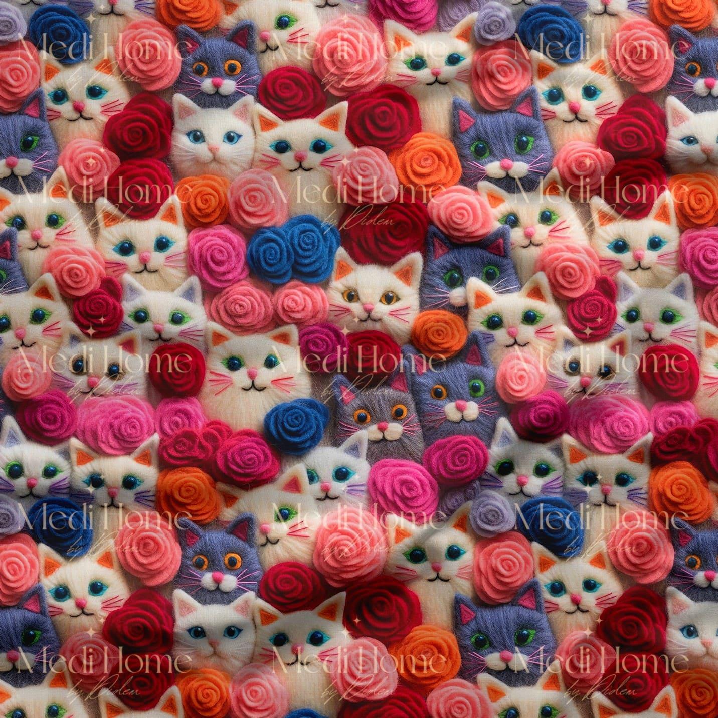 Güller İçinde Sevimli Kediler – Dijital Baskılı Kumaş