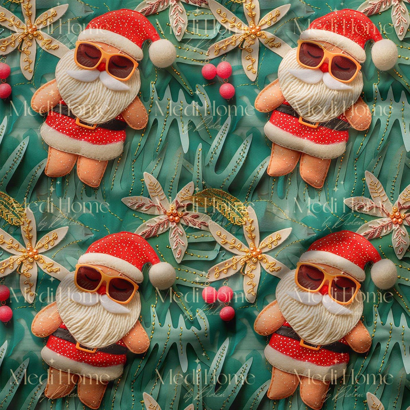 Güneş Gözlüklü Tatlı Noel Baba – 3D Yılbaşı Dijital Baskılı Kumaş