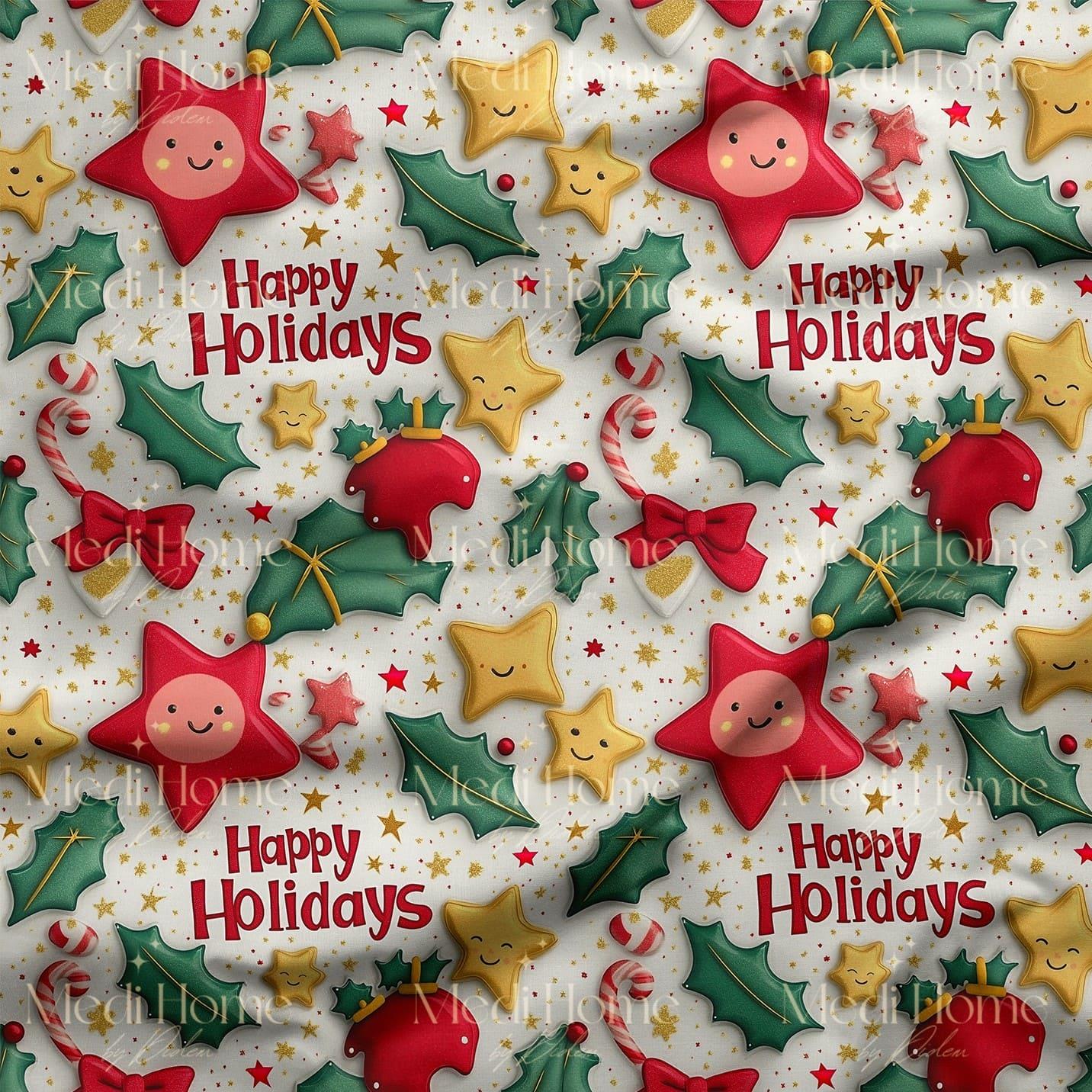 Happy Holidays Yıldız Şekeri Dijital Baskılı Kumaş
