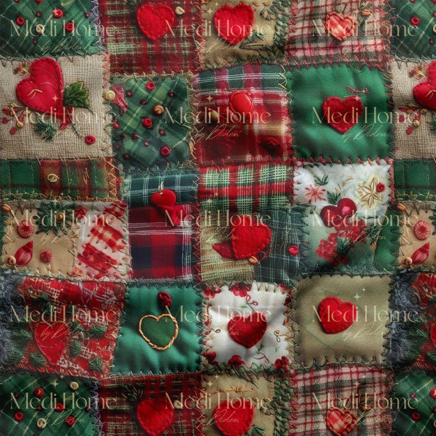İlmek İlmek Kalpli Patchwork Masalı Dijital Baskılı Kumaş