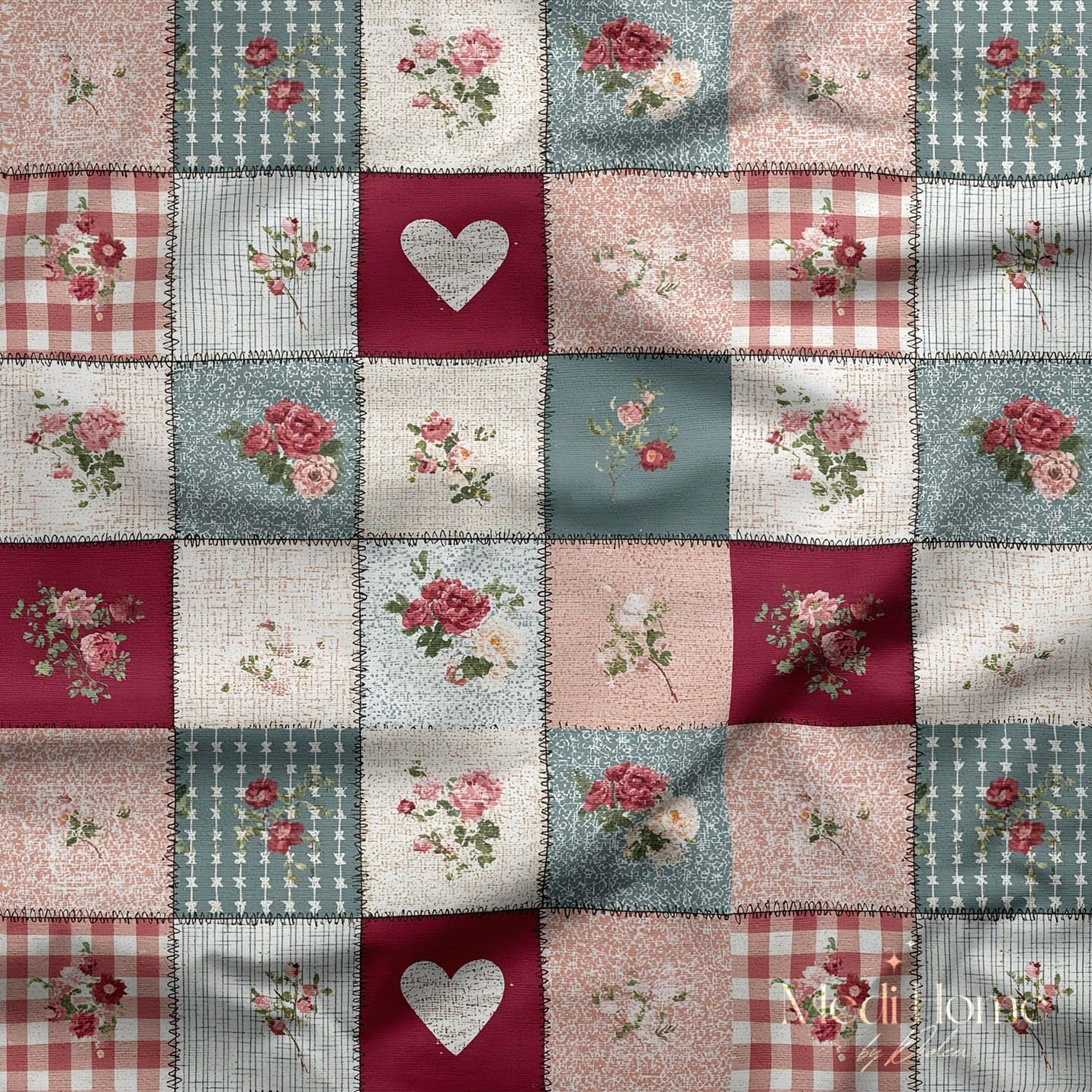 Kalpli Country Patchwork Bahçesi Dijital Baskılı Kumaş