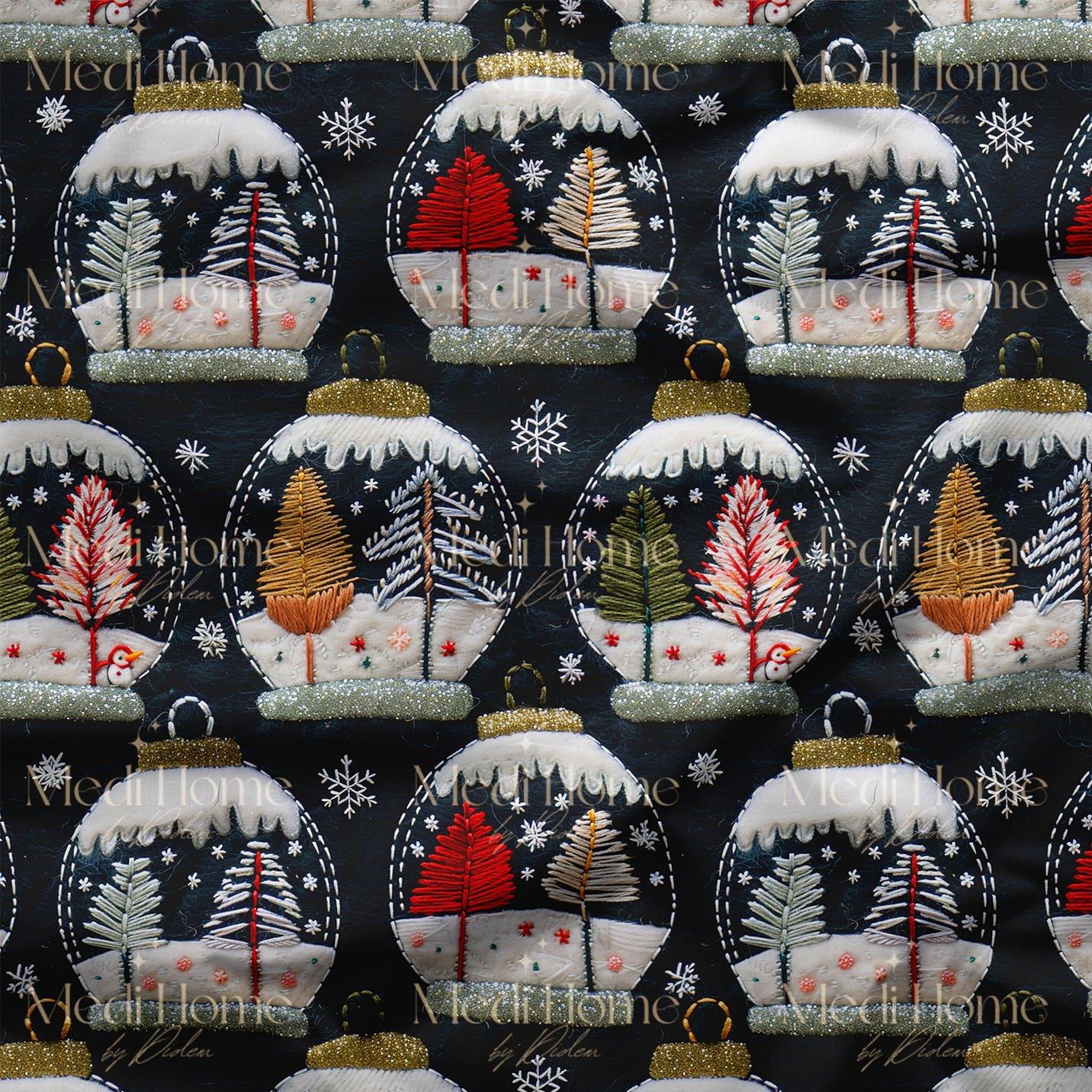 Kar Küresinin İçindeki Kış Ormanı – 3D Yılbaşı Dijital Baskılı Kumaş