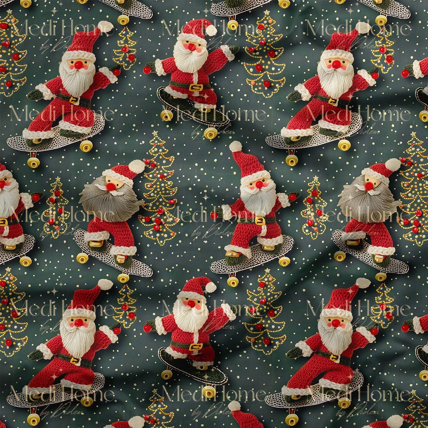 Kaykaycı Noel Baba'nın Işıltılı Akrobasi Şovu – 3D Yılbaşı Dijital Baskılı Kumaş