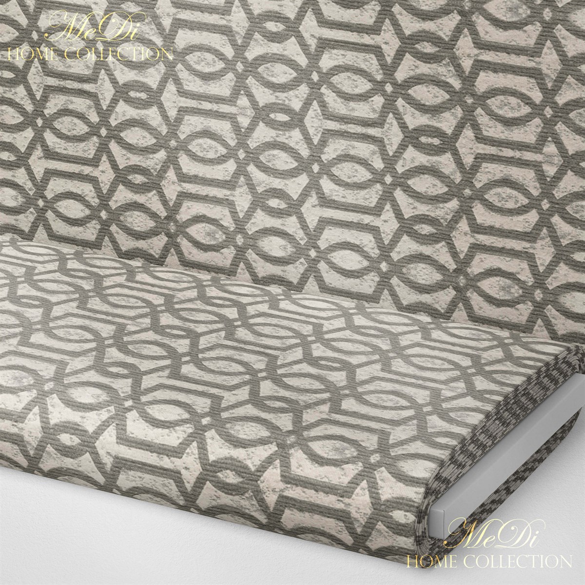 Keten Görünümlü Kahverengi Geometrik Motif Desenli Dijital Baskılı Kumaş