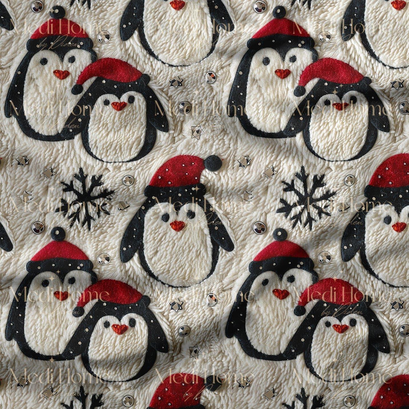 Kırmızı Bere Takmış Sevimli Penguenler – 3D Kış Masalı Dijital Baskılı Kumaş